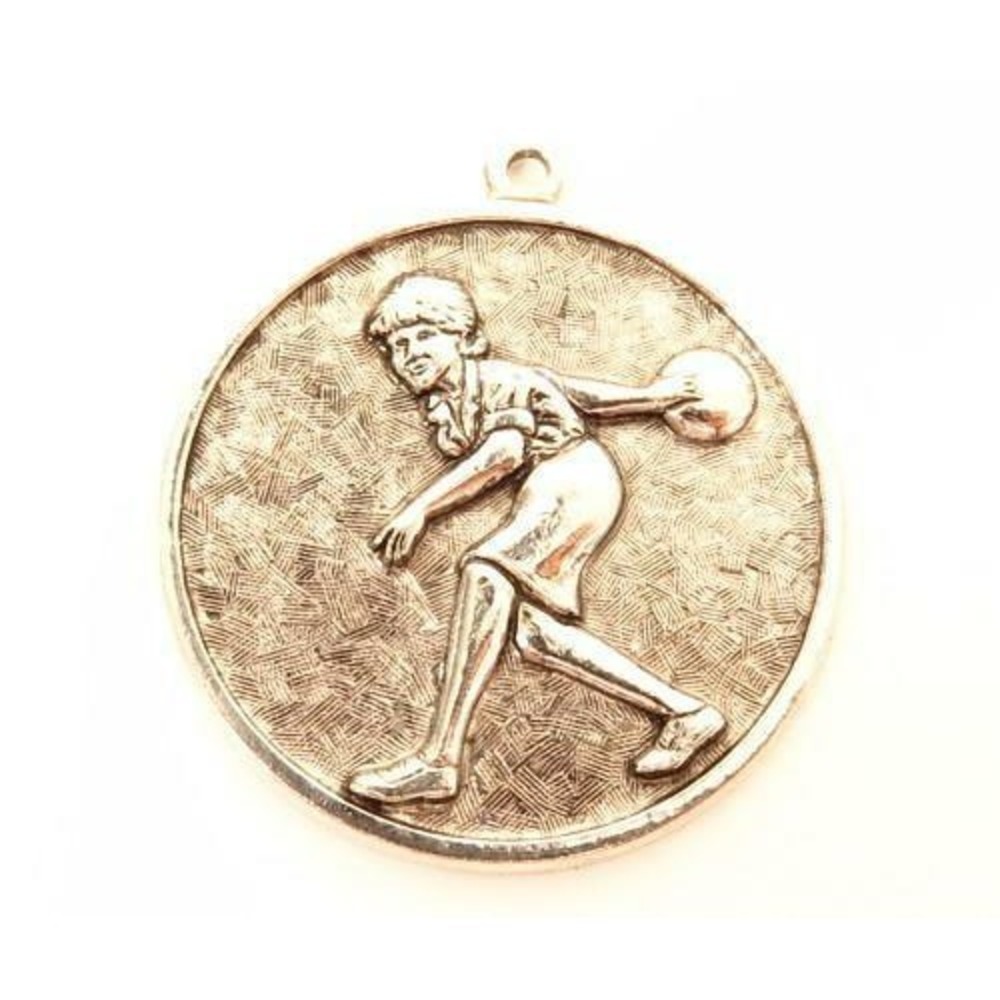 Old Stock Vintage Silver Plated Sports Bowling Necklace Pendant‎ Medal